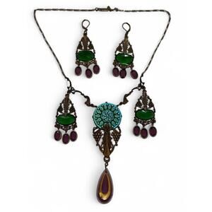 Sadie Green Art Nouveau Revival Bronze & Purple Green Glass Necklace Earring Set